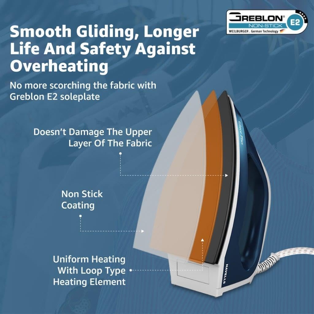 Havells Glace Plus 1000 Watts Dry Iron Press| 2X Non Stick Greblon Coating from Germany| 2X ISI Certified Safety & Performance| Fire Retardant Body| 2 Years Door Step Warranty by Havells (Blue) - Image 6