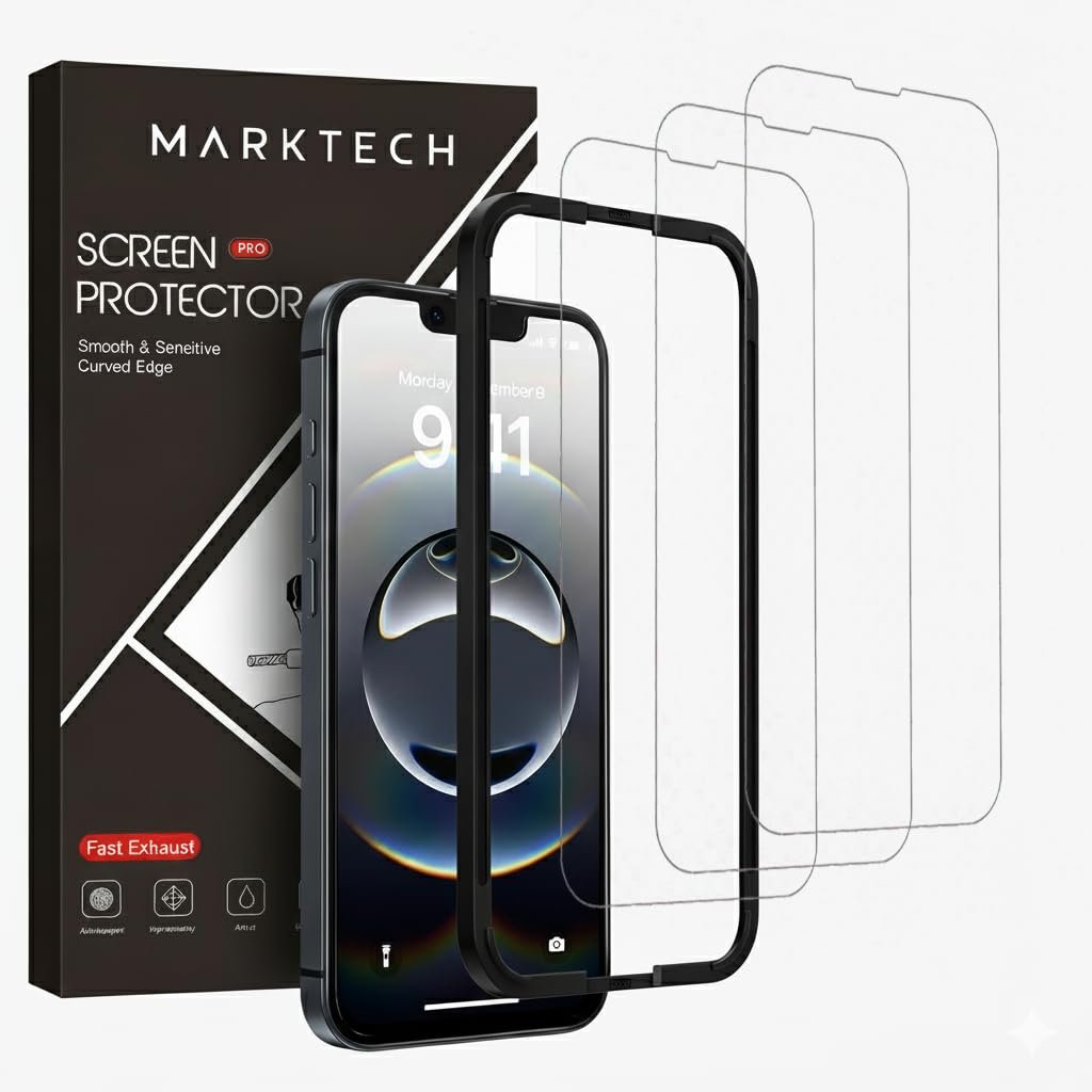 MARKTECH Tempered Glass Screen Protector Guard For Iphone 13/14/13 Pro Smartphone, 3 Pack Screen Guards With Easy Installation Frame