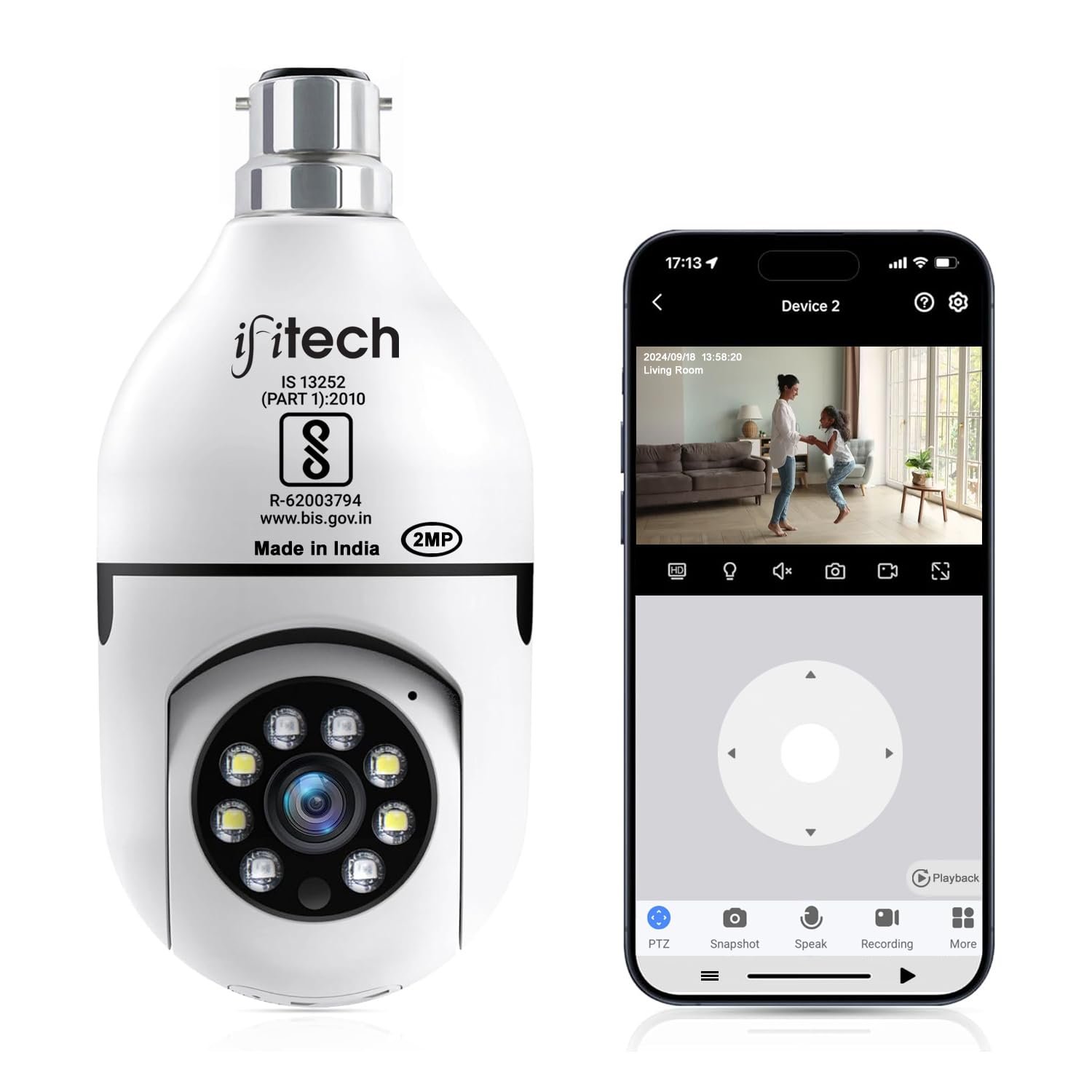 IFITech 1080p HD Smart Wi-Fi CCTV Home Security Camera | Indoor 360° Smart CCTV Camera | Bulb Camera | 256GB SD Card Support (Not Included) | Perfect for Home, Office Monitoring