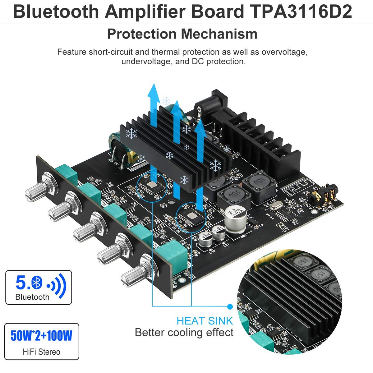 MakerHawk copper Bluetooth Amplifier Board Hifi Stereo 2.1 Tpa3116D2 2X50W+100W 12V-24V Audio Power Amplifier Module Bass And Treble Control For Store Home Theater Speakers - Image 3