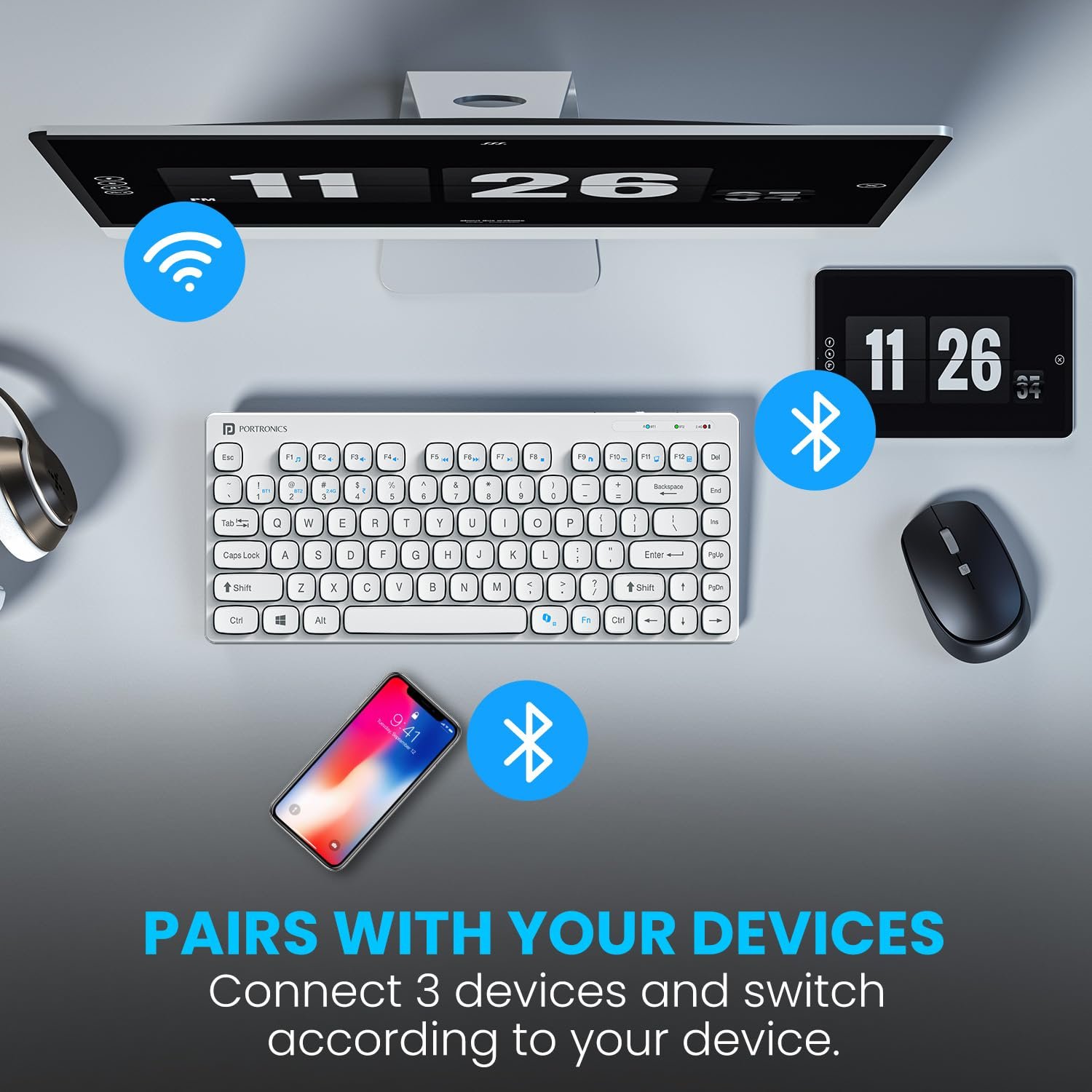 Portronics Bubble Multimedia Wireless Keyboard 2.4 GHz & Bluetooth 5.0 Connectivity, Noiseless Experience, Compact Size for iOS iPad Air, Pro, Mini, Android, Windows Tablets PC Smartphone(White) - Image 6