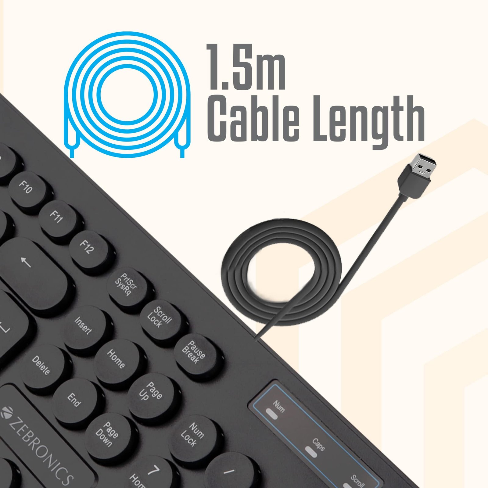 Zebronics K24 Wired USB Keyboard, 104 Keys, Long Life 8 Million Keystrokes, Silent & Comfortable Use, Slim Design, Retractable Stand, 1.5 Meter Textured Cable, UV Coated keycaps - Image 6