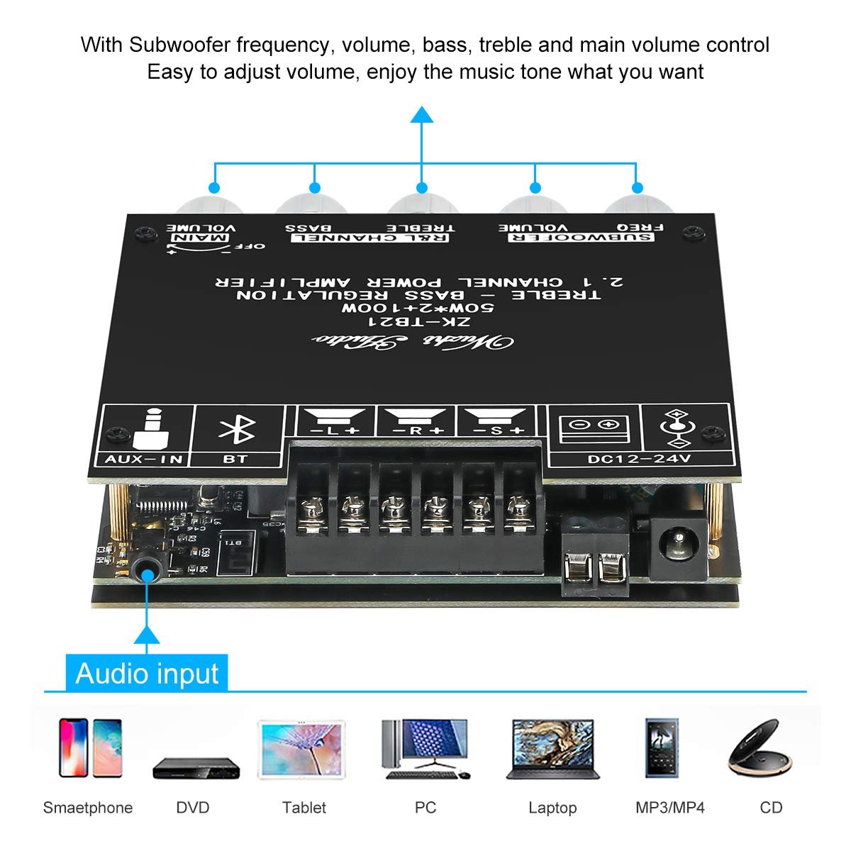 MakerHawk copper Bluetooth Amplifier Board Hifi Stereo 2.1 Tpa3116D2 2X50W+100W 12V-24V Audio Power Amplifier Module Bass And Treble Control For Store Home Theater Speakers - Image 6