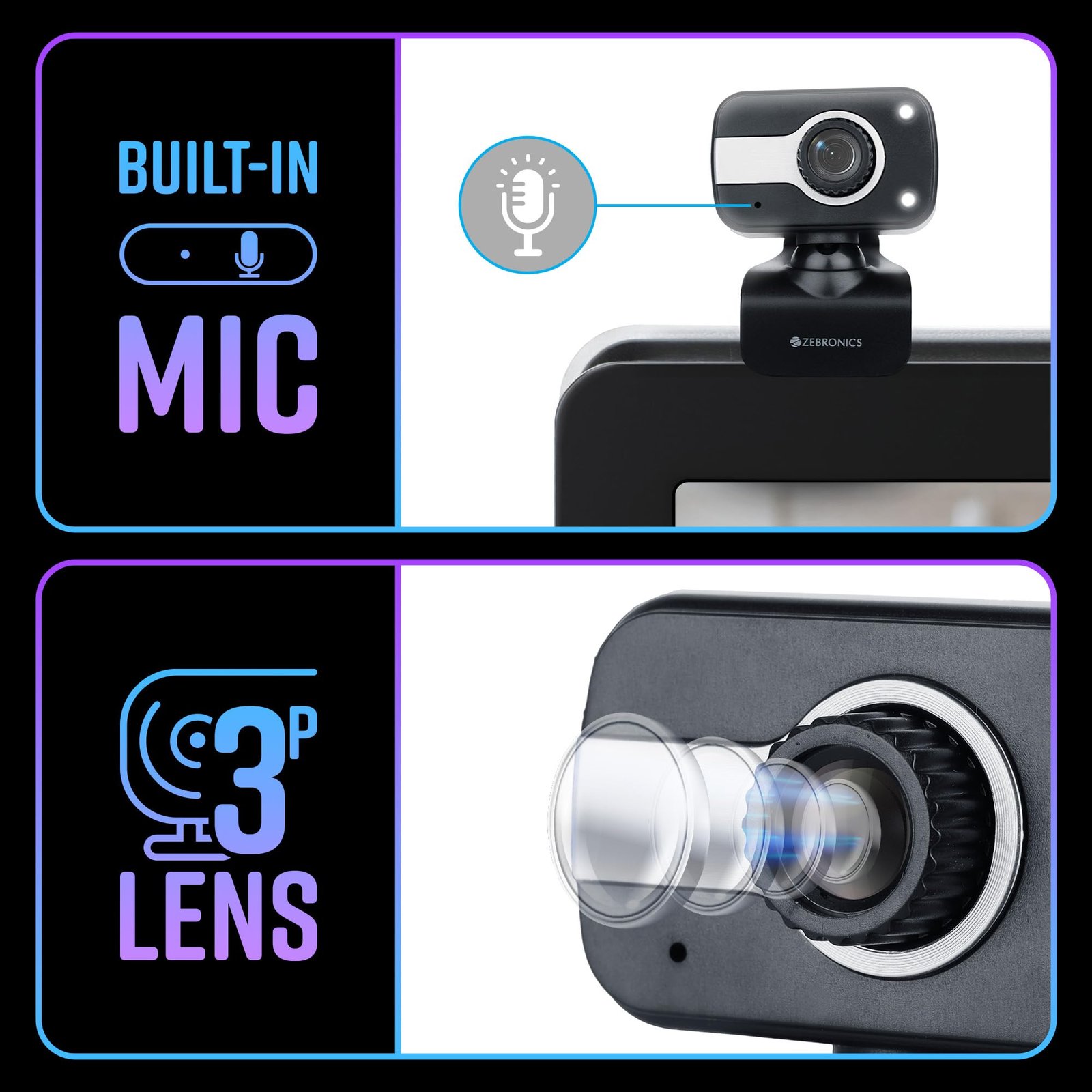 Zebronics Zeb-Crystal Clear Web Camera, 0.3 MP with USB with 3P Lens,Built-in Microphone,Auto White Balance,Night Vision and Manual Switch for LED (Black) - Image 3