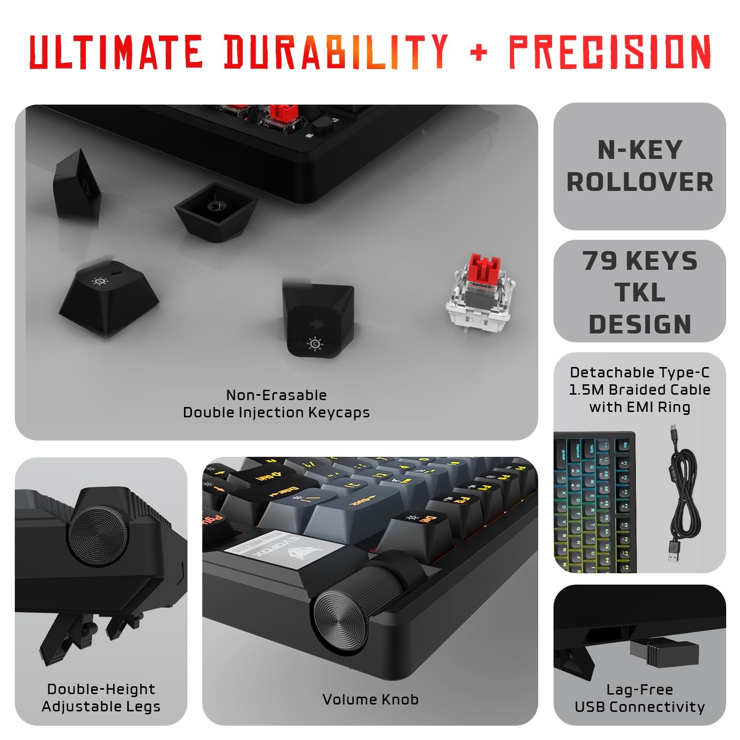 EvoFox Ronin Wireless Mechanical Keyboard (BT+2.4GHz+Wired) | 9 Layer Gasket Structure, Outemu Red Switches, Per-Key RGB, 1000Hz, nKey Rollover, Volume Controller | Windows Software (Black) - Image 2