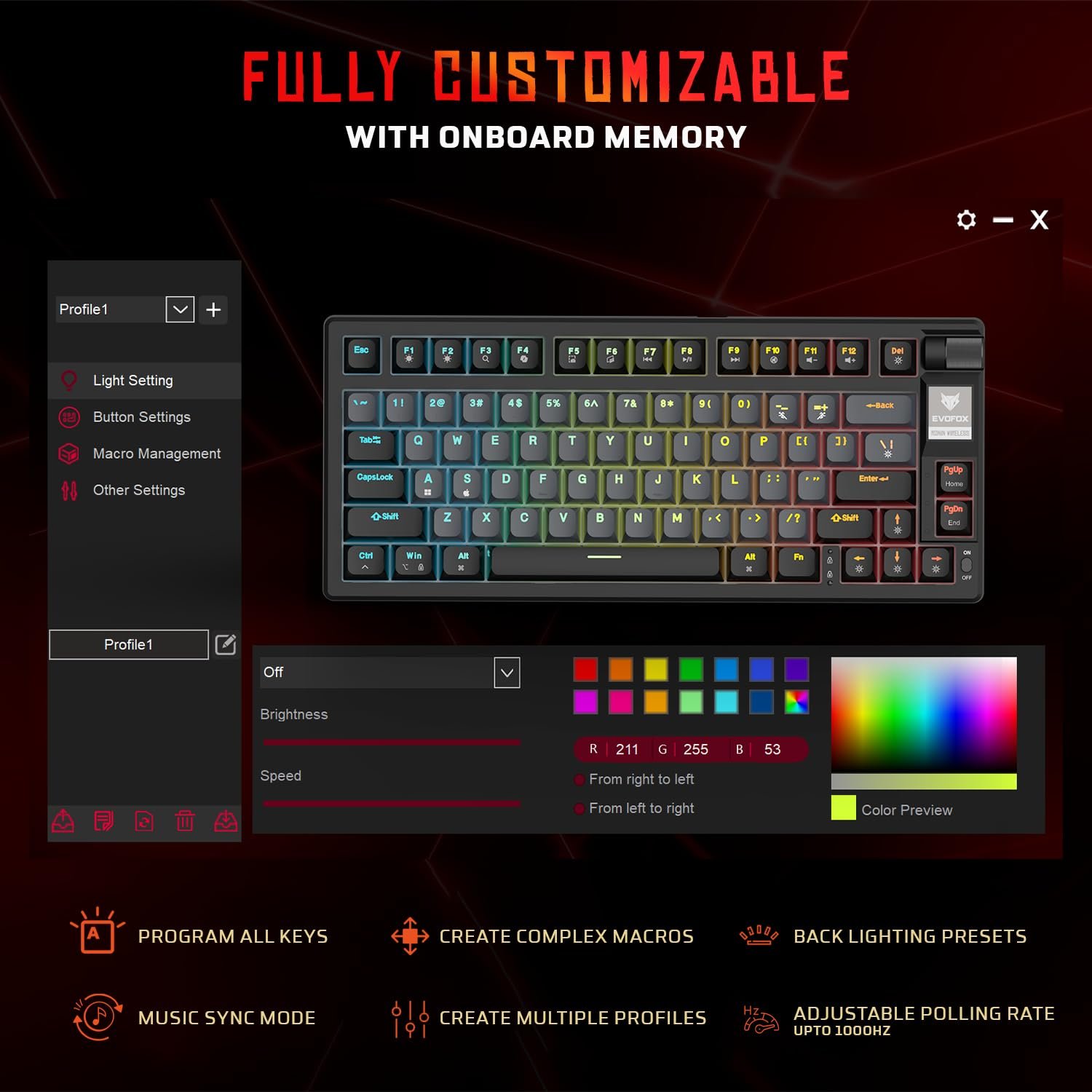 EvoFox Ronin Wireless Mechanical Keyboard (BT+2.4GHz+Wired) | 9 Layer Gasket Structure, Outemu Red Switches, Per-Key RGB, 1000Hz, nKey Rollover, Volume Controller | Windows Software (Black) - Image 5