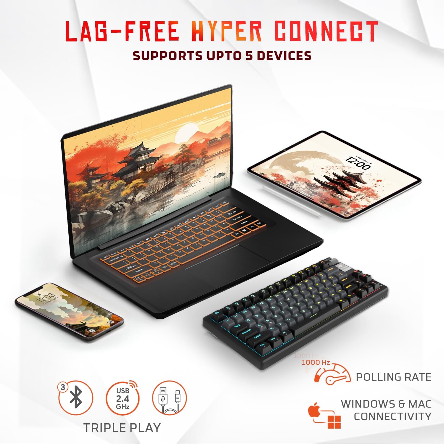 EvoFox Ronin Wireless Mechanical Keyboard (BT+2.4GHz+Wired) | 9 Layer Gasket Structure, Outemu Red Switches, Per-Key RGB, 1000Hz, nKey Rollover, Volume Controller | Windows Software (Black) - Image 7