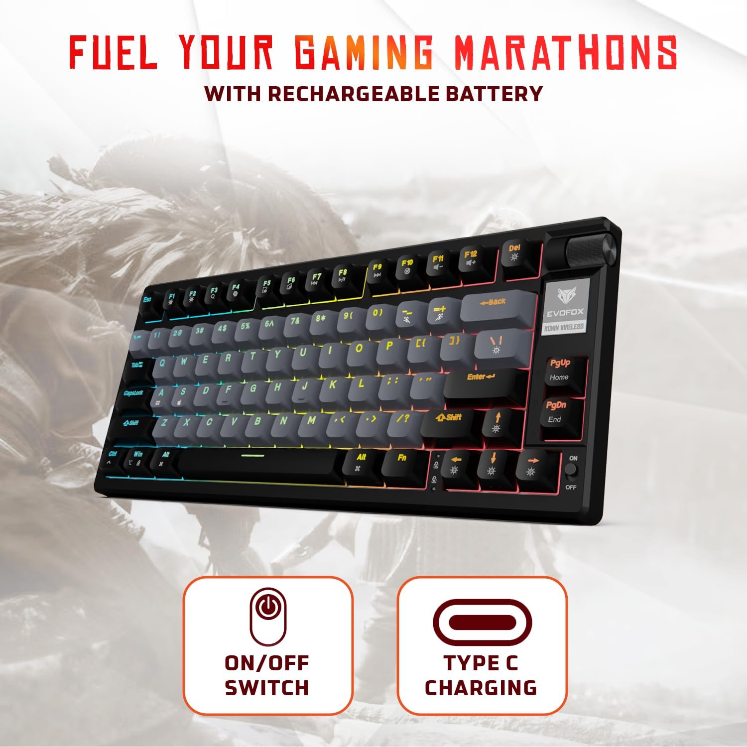 EvoFox Ronin Wireless Mechanical Keyboard (BT+2.4GHz+Wired) | 9 Layer Gasket Structure, Outemu Red Switches, Per-Key RGB, 1000Hz, nKey Rollover, Volume Controller | Windows Software (Black) - Image 3