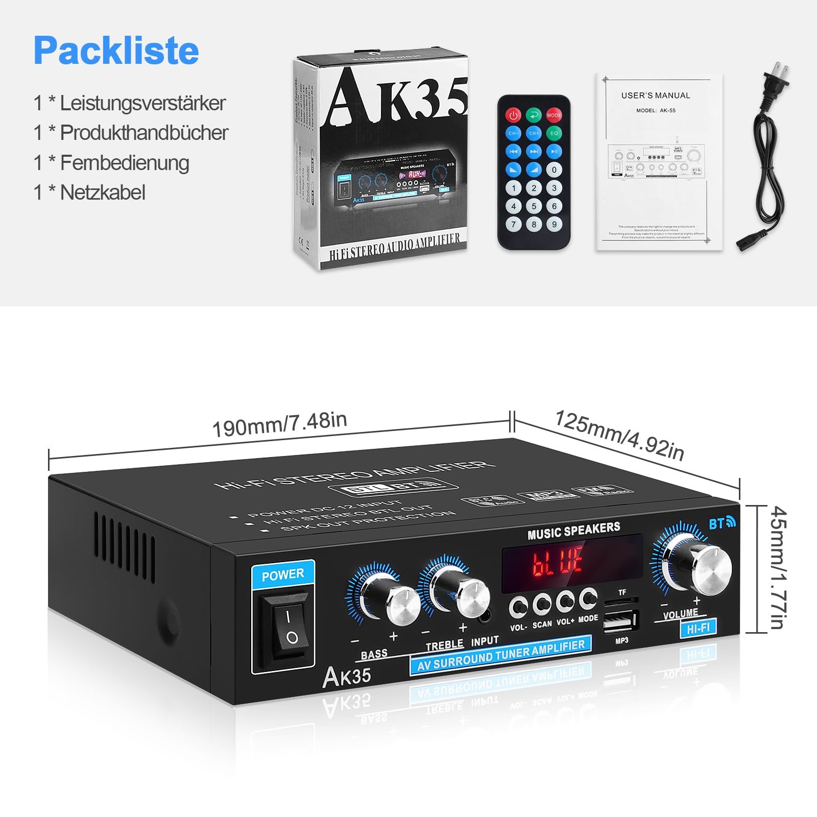 AK35 Mini Bluetooth 5.0 Stereo Digital Amplifier 300 W HiFi Power Amplifier with Bass, Treble Tuner for Home Speaker - Image 8