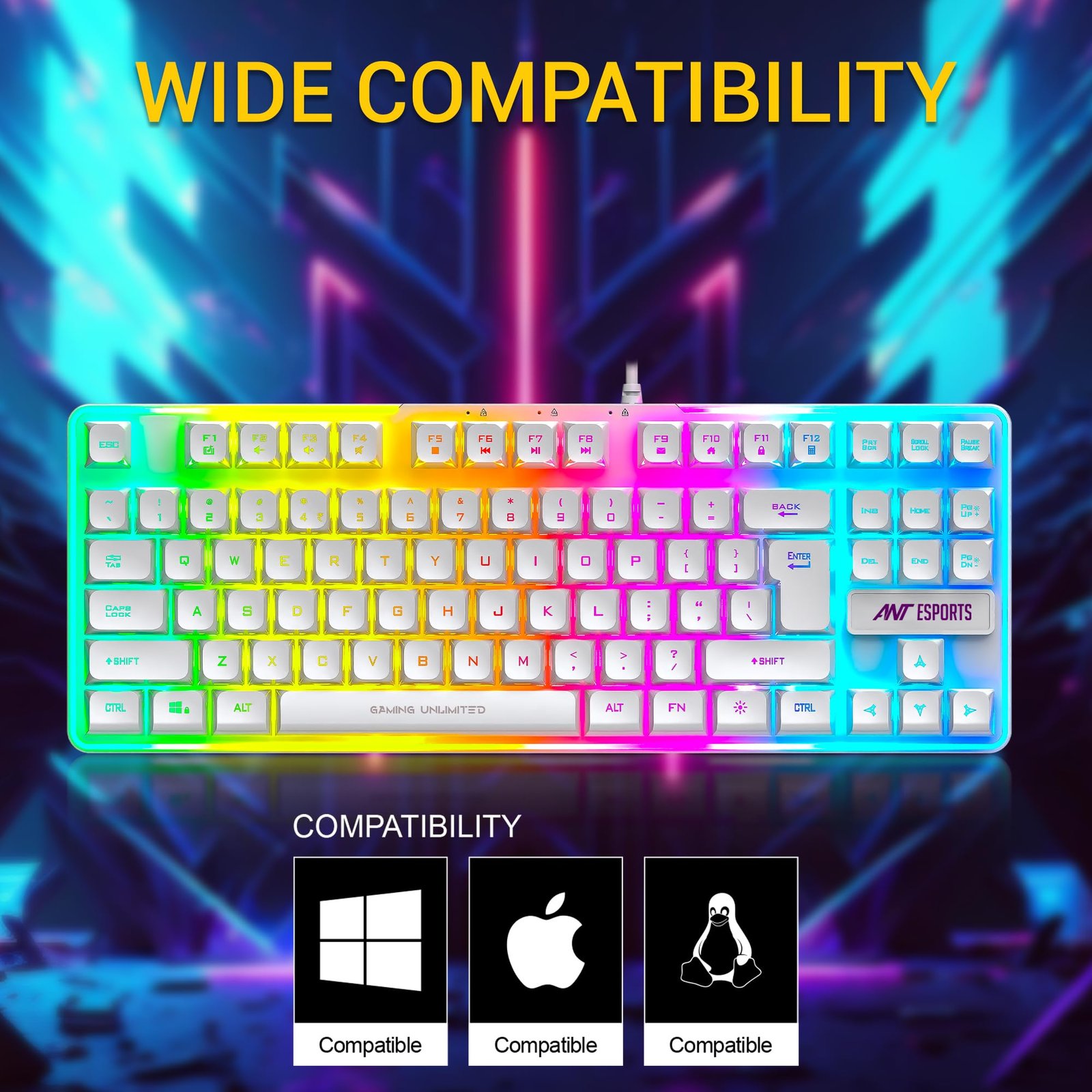 Ant Esports MK700 V2 Membrane TKL Wired Gaming Keyboard, 87 UV Coated Mechanical feel Keys Cool RGB Backlight Waterproof Keyboard for PC Laptop Mobile Tablets Gaming, Design and Work Mercury White - Image 2