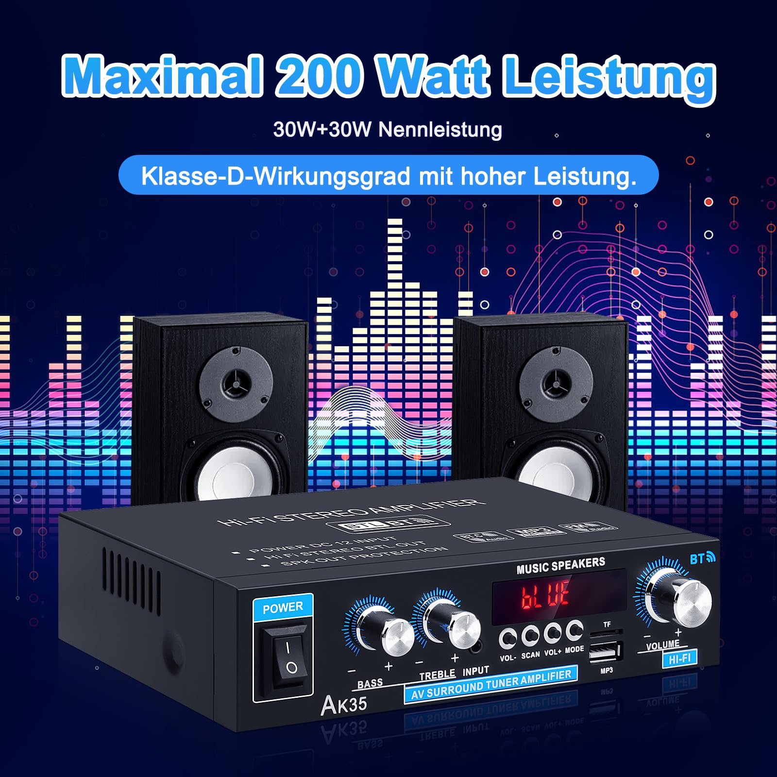 AK35 Mini Bluetooth 5.0 Stereo Digital Amplifier 300 W HiFi Power Amplifier with Bass, Treble Tuner for Home Speaker - Image 12