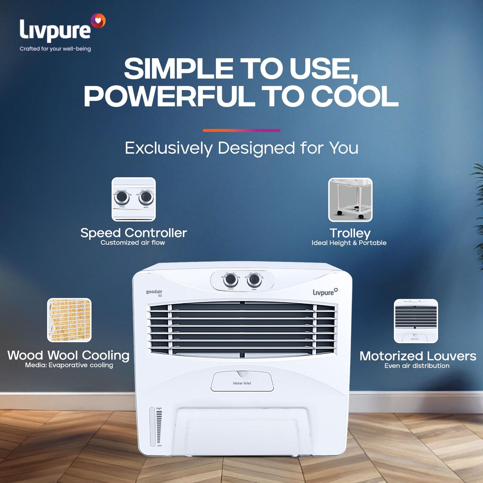 Livpure GoodAir Window Air Cooler-52 L with High Air Delivery | 190-Watt Motor with Overload Protection | Inverter Compatibility | Woodwool Cooling Pads | 2 Yrs Warranty on Motor - Image 3