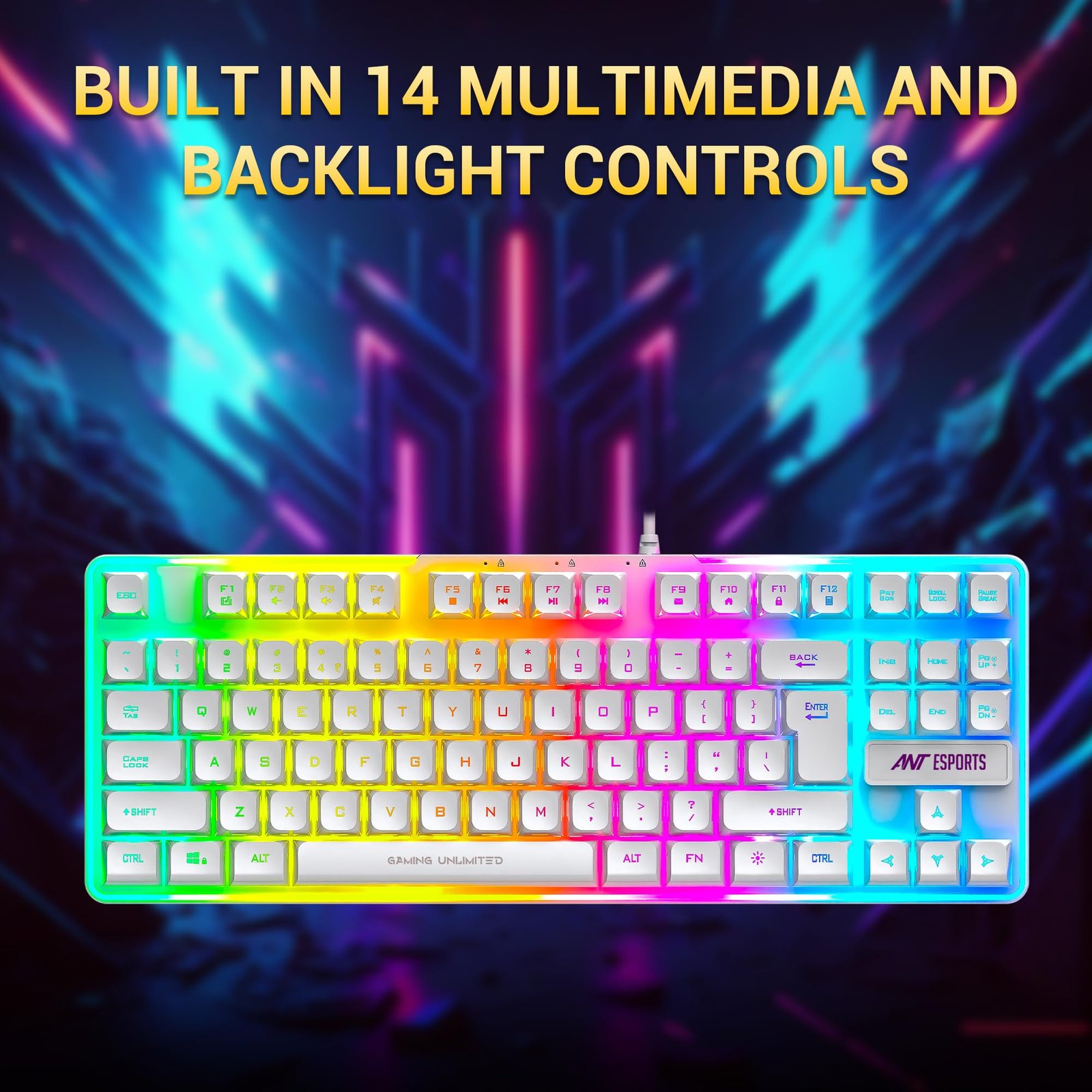 Ant Esports MK700 V2 Membrane TKL Wired Gaming Keyboard, 87 UV Coated Mechanical feel Keys Cool RGB Backlight Waterproof Keyboard for PC Laptop Mobile Tablets Gaming, Design and Work Mercury White - Image 3