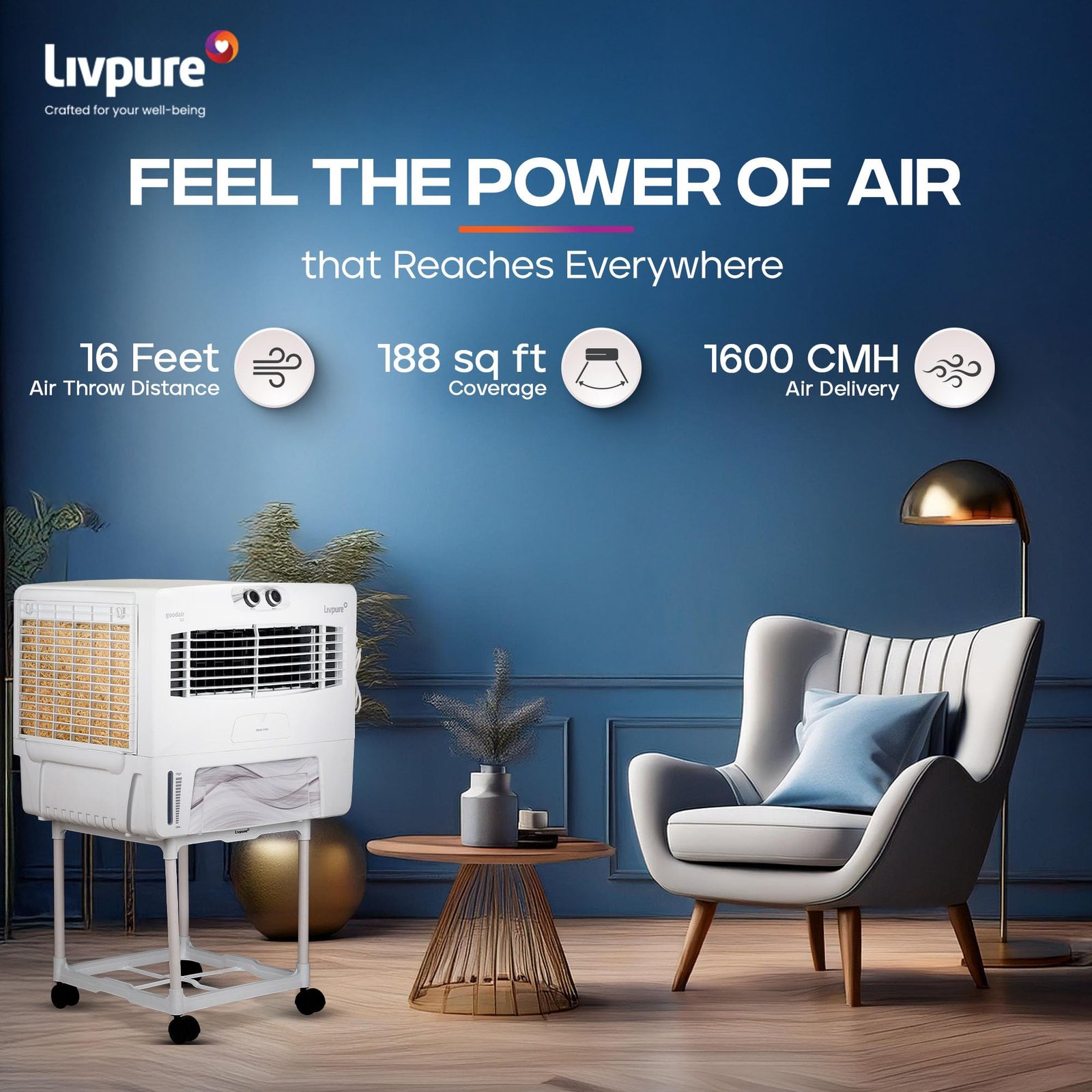 Livpure GoodAir Window Air Cooler-52 L with High Air Delivery | 190-Watt Motor with Overload Protection | Inverter Compatibility | Woodwool Cooling Pads | 2 Yrs Warranty on Motor - Image 5