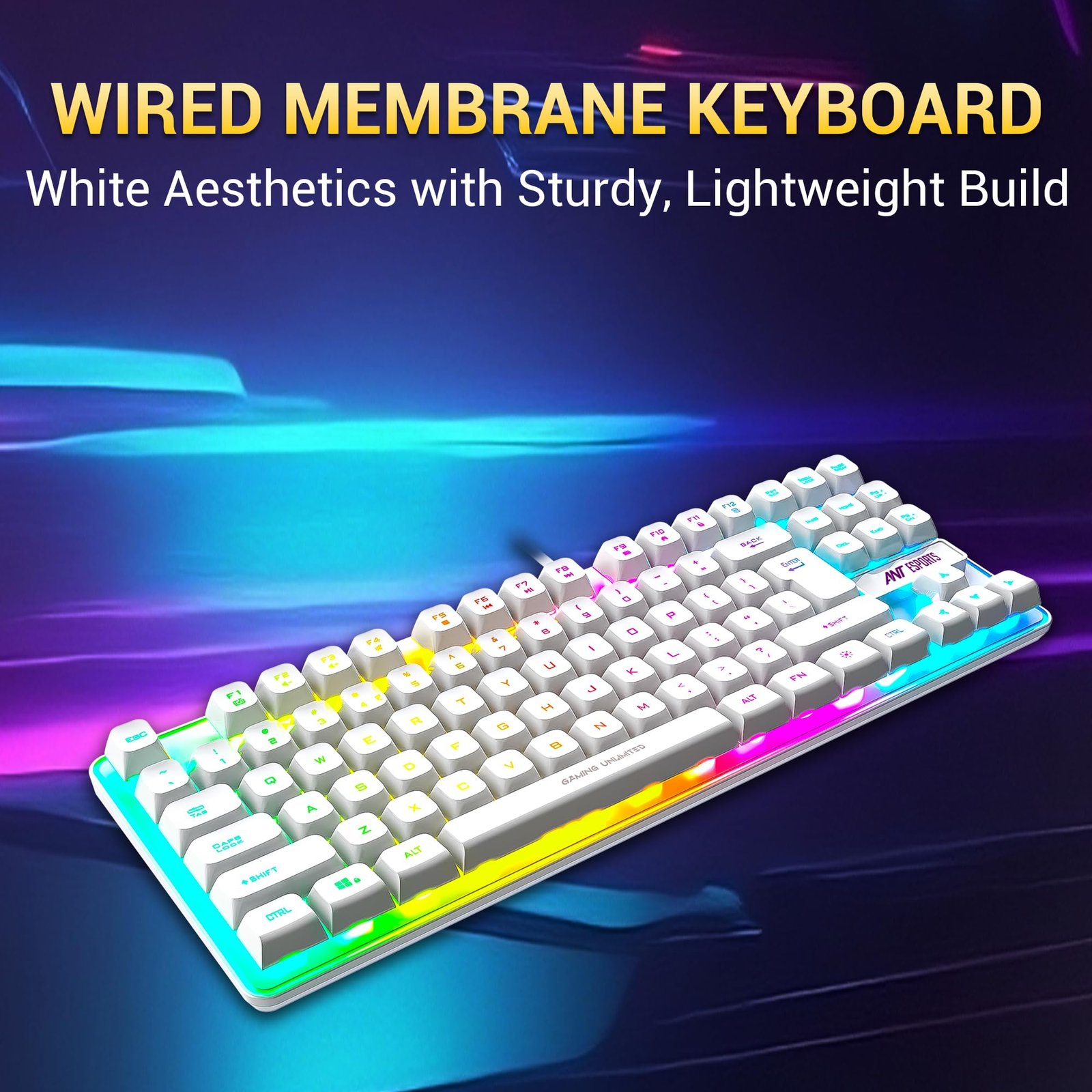 Ant Esports MK700 V2 Membrane TKL Wired Gaming Keyboard, 87 UV Coated Mechanical feel Keys Cool RGB Backlight Waterproof Keyboard for PC Laptop Mobile Tablets Gaming, Design and Work Mercury White - Image 4