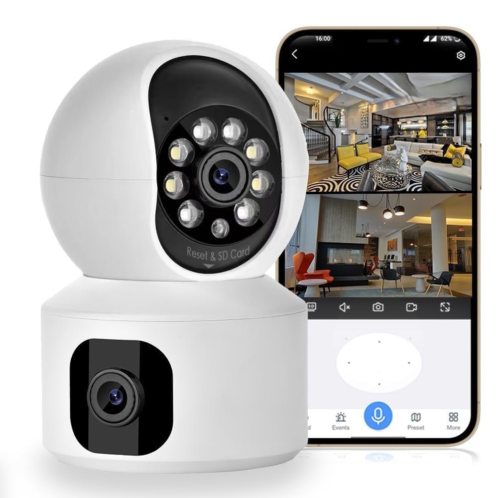 Dual Lens WiFi IP 360° Camera 1920 X 2160 Full HD 3mp AI (Upgraded) CCTV Night Vision Motion Sensor Two-Way Audio Micro SD Card Upto 128GB Monitor Nanny Security Indoor White