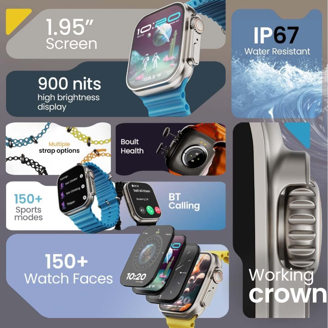 GOBOULT Newly Launched Crown Smart Watch 1.95'' Screen, BT Calling, Working Crown,Zinc Alloy Frame,900Nits Brightness, AI Voice Assistant,SpO2 Monitoring, 120+ Sports Mode (Tangerine) - Image 3