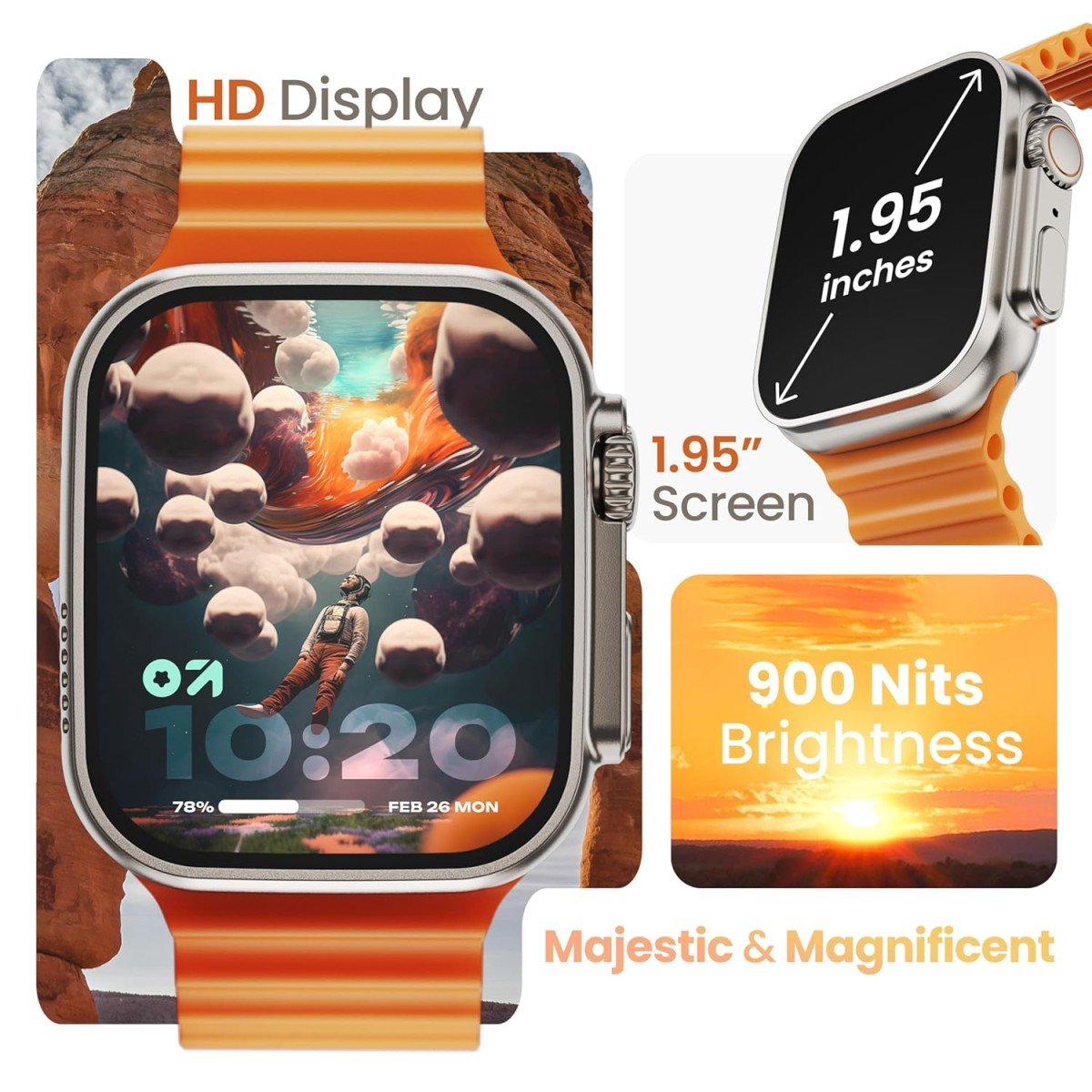 GOBOULT Newly Launched Crown Smart Watch 1.95'' Screen, BT Calling, Working Crown,Zinc Alloy Frame,900Nits Brightness, AI Voice Assistant,SpO2 Monitoring, 120+ Sports Mode (Tangerine) - Image 4